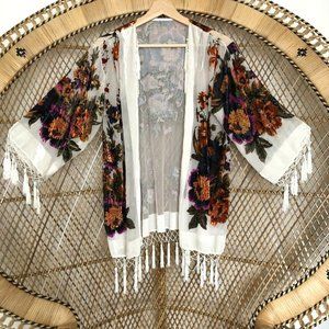 Boho Vintage Kimono Jacket Velvet Fringe Wedding Duster, White Floral